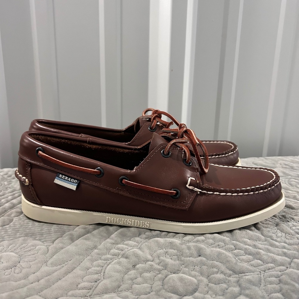 Sebago Docksides PORTLAND Women Brown Leather Boat Shoe Classic Nautical Loafers